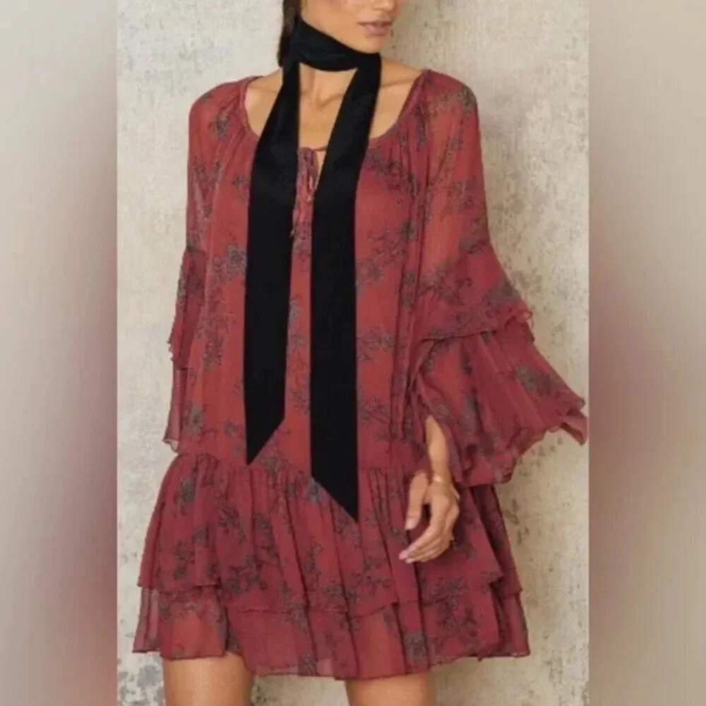 Free People Sunsetter Dress Red Floral Pattern Size XS